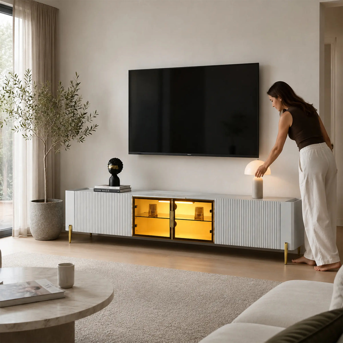 LUXORA Italian Sintered Stone TV Cabinet - 180/200cm Entertainment Unit with Sensor LED Lighting, Glass Doors & Metal Legs - White