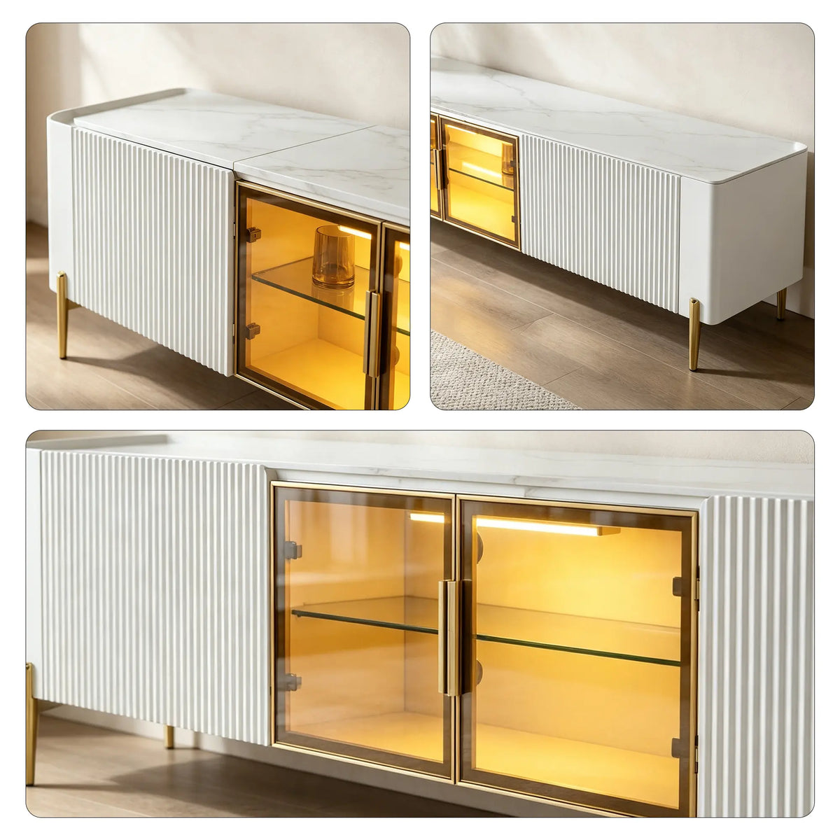 LUXORA Italian Sintered Stone TV Cabinet - 180/200cm Entertainment Unit with Sensor LED Lighting, Glass Doors & Metal Legs - White