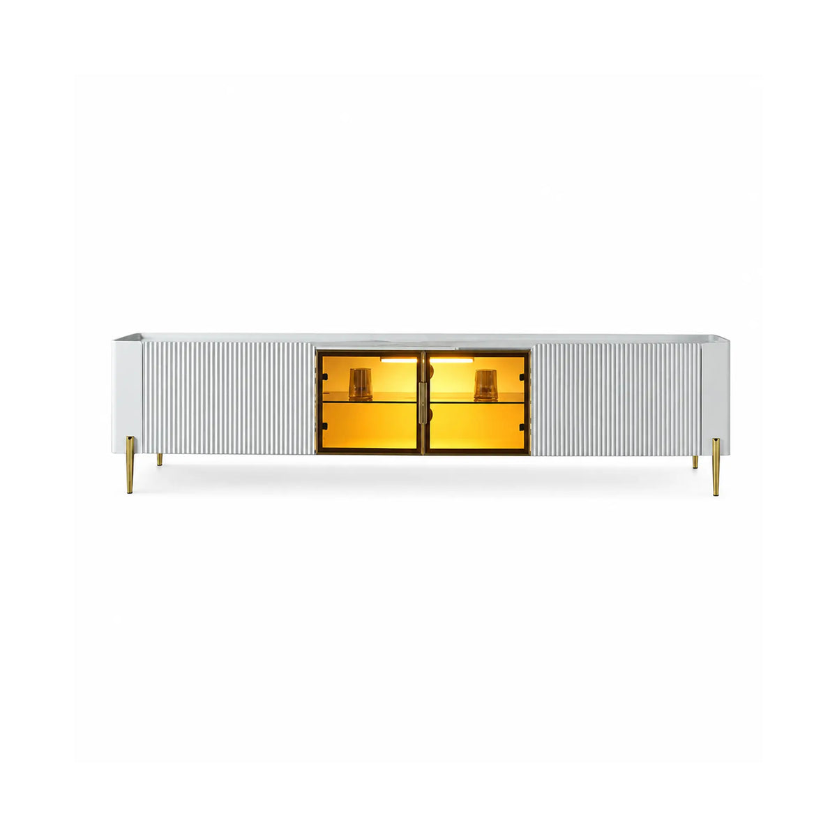 LUXORA Italian Sintered Stone TV Cabinet - 180/200cm Entertainment Unit with Sensor LED Lighting, Glass Doors & Metal Legs - White