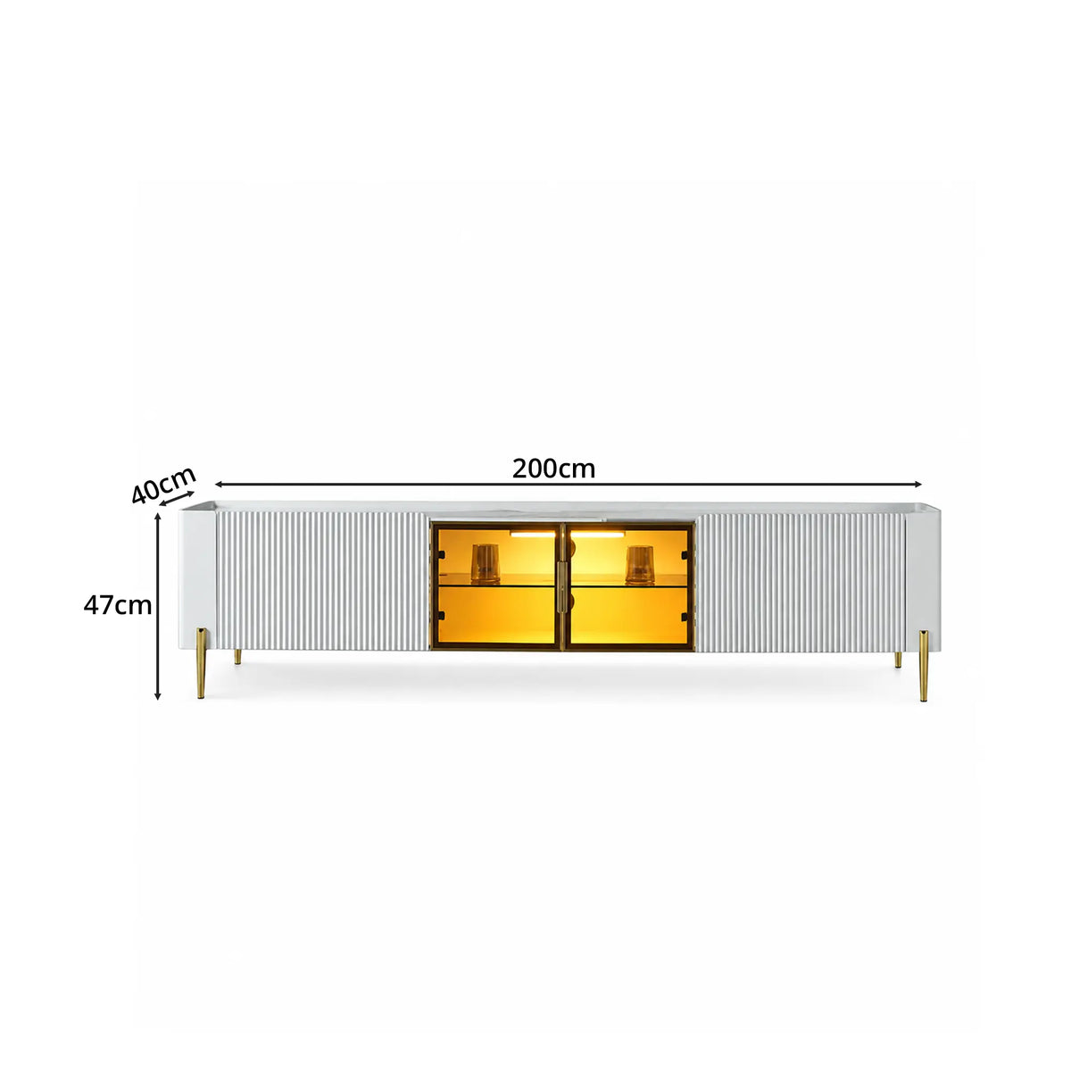 LUXORA Italian Sintered Stone TV Cabinet - 180/200cm Entertainment Unit with Sensor LED Lighting, Glass Doors & Metal Legs - White