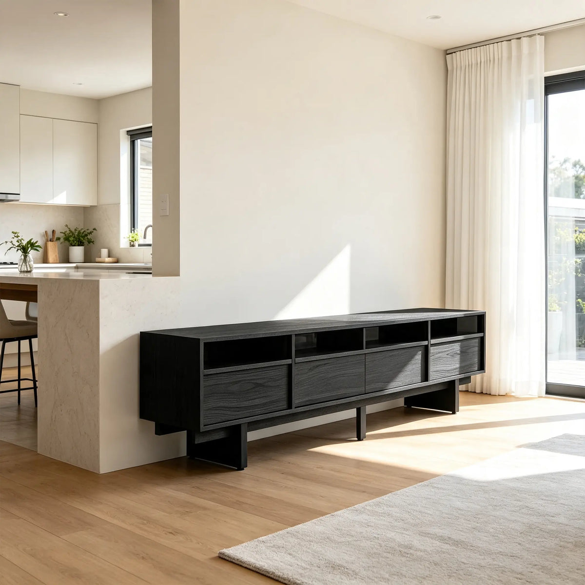 LUXORA Modern Ash Wood TV Cabinet - 180/200cm Entertainment Unit with Grey Glass Panels, Four Drawers & Open Storage - Black