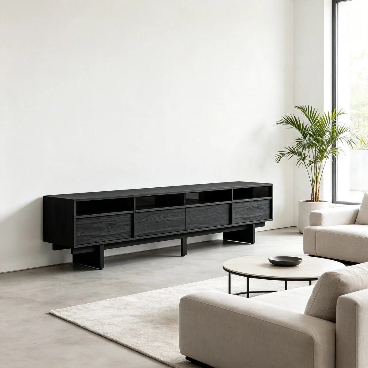 LUXORA Modern Ash Wood TV Cabinet - 180/200cm Entertainment Unit with Grey Glass Panels, Four Drawers & Open Storage - Black