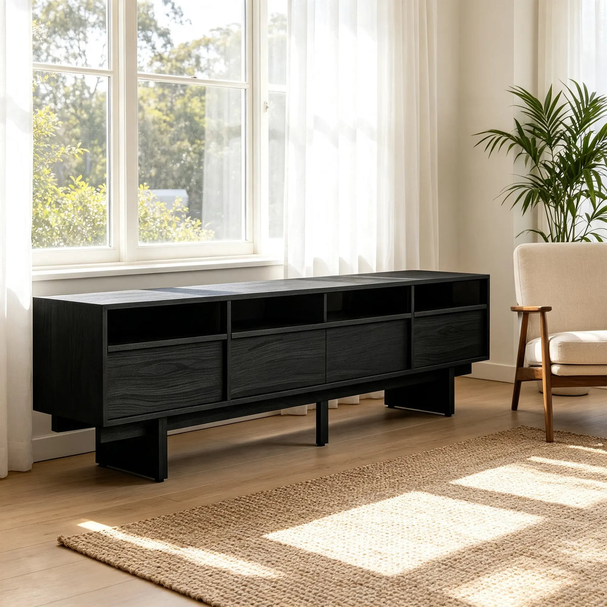 LUXORA Modern Ash Wood TV Cabinet - 180/200cm Entertainment Unit with Grey Glass Panels, Four Drawers & Open Storage - Black