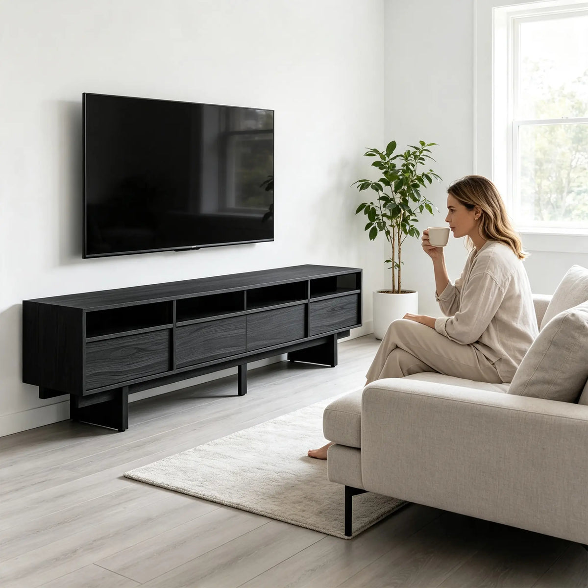 LUXORA Modern Ash Wood TV Cabinet - 180/200cm Entertainment Unit with Grey Glass Panels, Four Drawers & Open Storage - Black