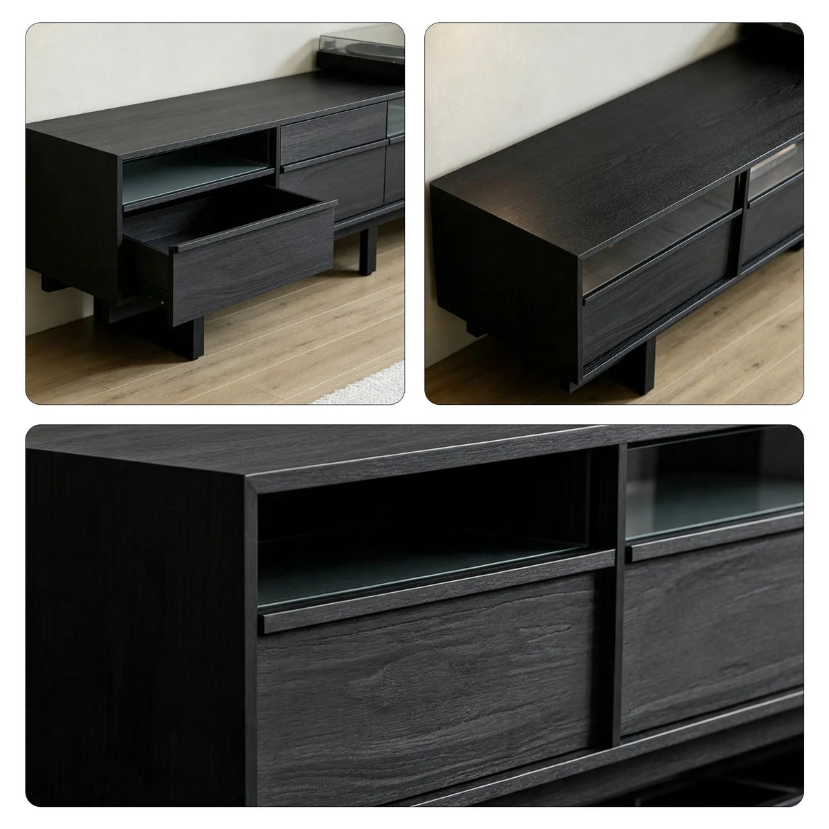 LUXORA Modern Ash Wood TV Cabinet - 180/200cm Entertainment Unit with Grey Glass Panels, Four Drawers & Open Storage - Black