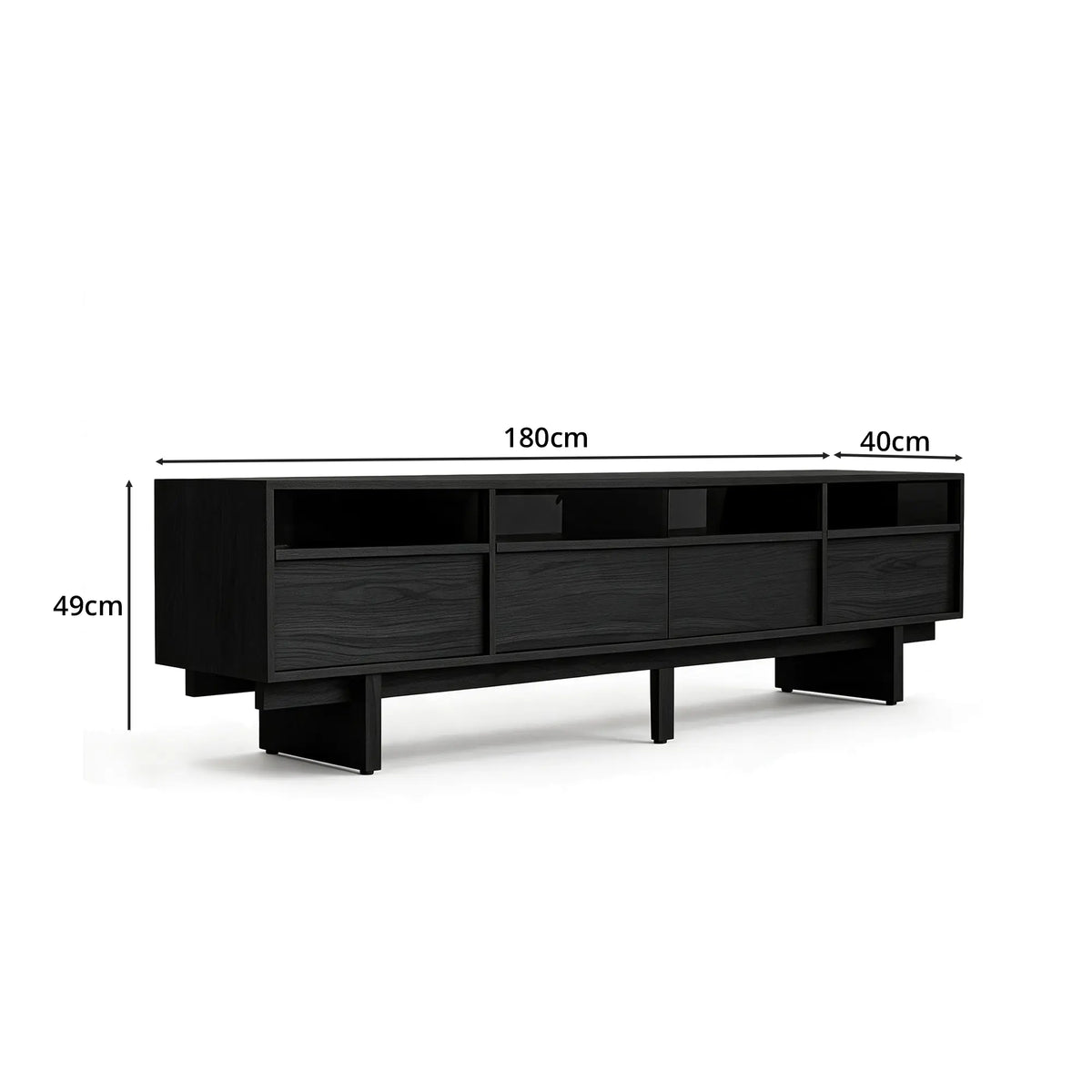 LUXORA Modern Ash Wood TV Cabinet - 180/200cm Entertainment Unit with Grey Glass Panels, Four Drawers & Open Storage - Black