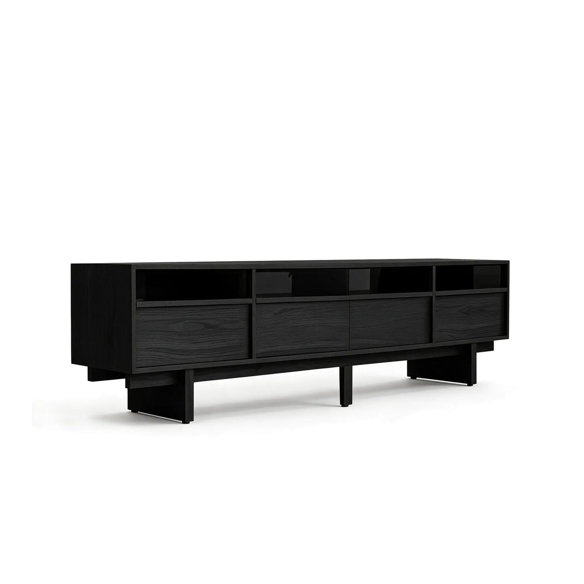 LUXORA Modern Ash Wood TV Cabinet - 180/200cm Entertainment Unit with Grey Glass Panels, Four Drawers & Open Storage - Black
