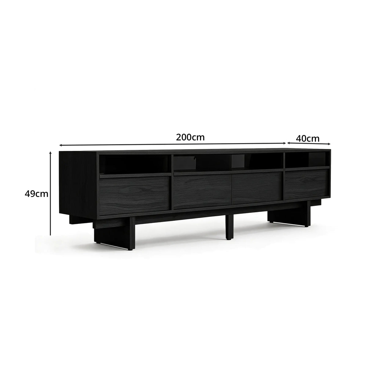 LUXORA Modern Ash Wood TV Cabinet - 180/200cm Entertainment Unit with Grey Glass Panels, Four Drawers & Open Storage - Black