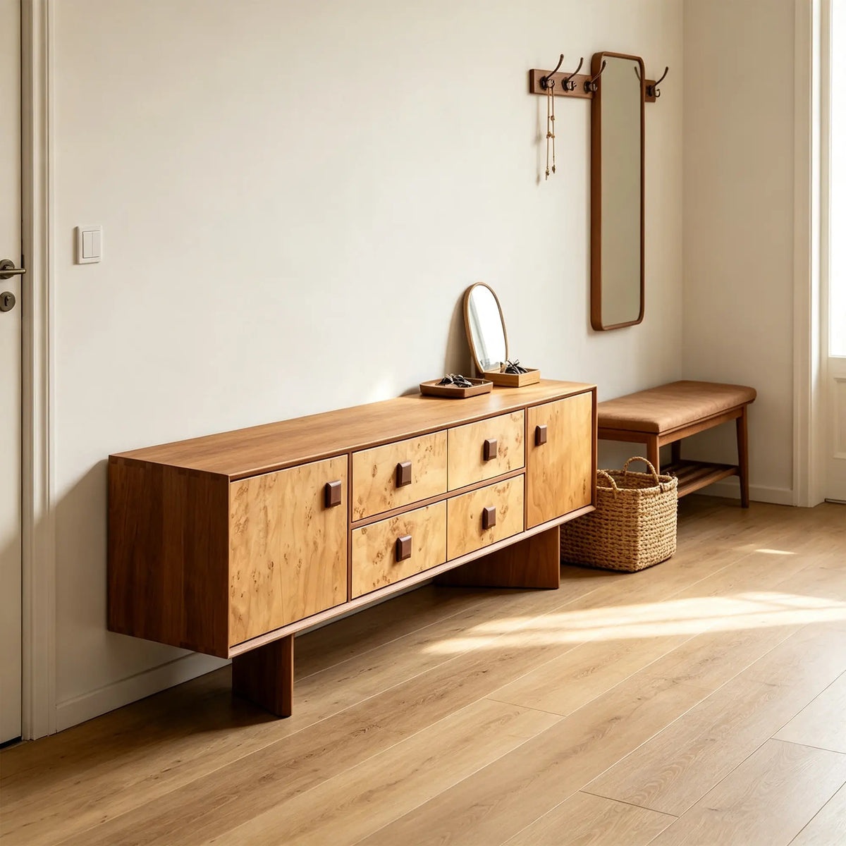 LUXORA Mid-Century TV Cabinet - 180/200cm Teak Veneer Entertainment Unit with Burl Wood Panels, Drawers & Concealed Storage - Teak & Burl Wood