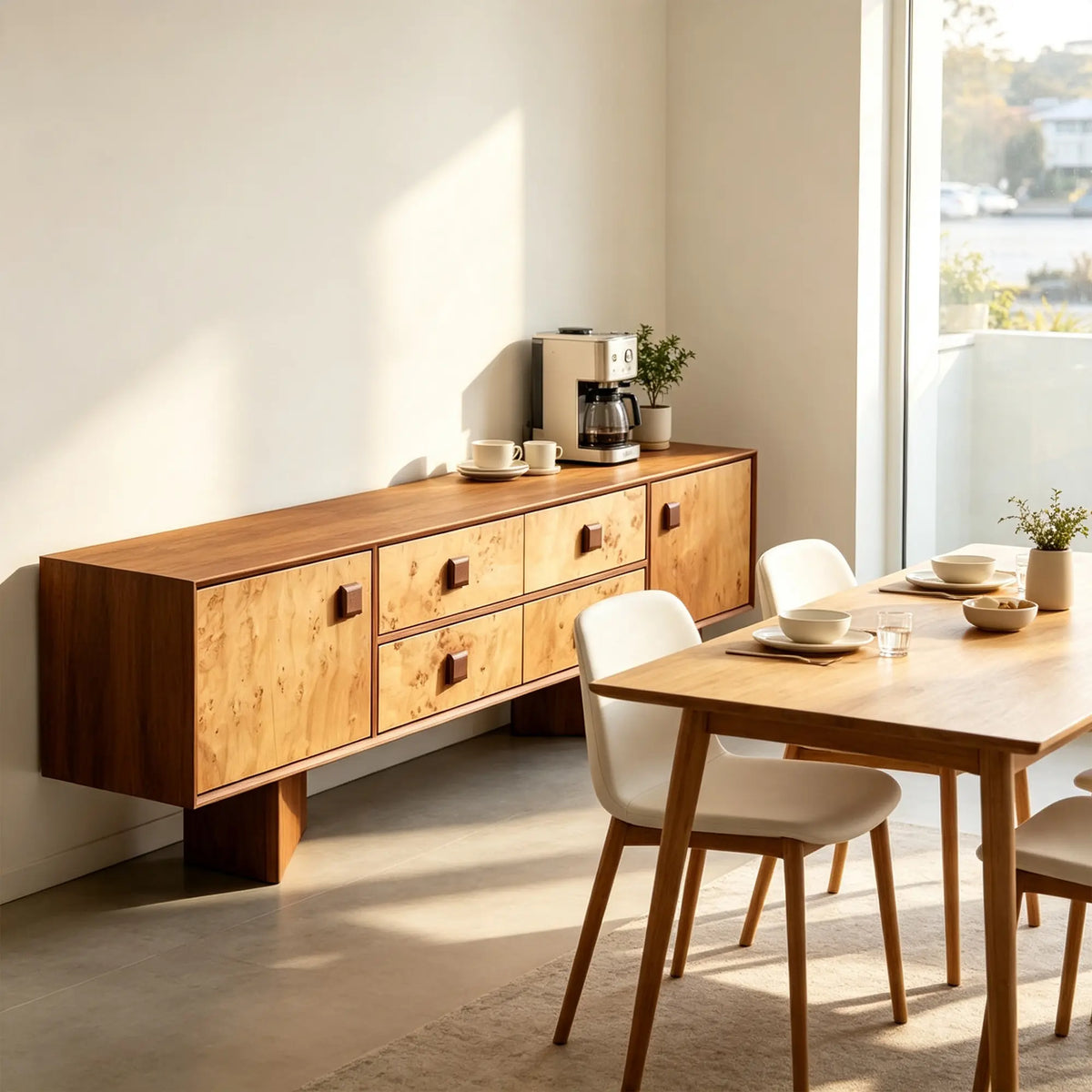LUXORA Mid-Century TV Cabinet - 180/200cm Teak Veneer Entertainment Unit with Burl Wood Panels, Drawers & Concealed Storage - Teak & Burl Wood