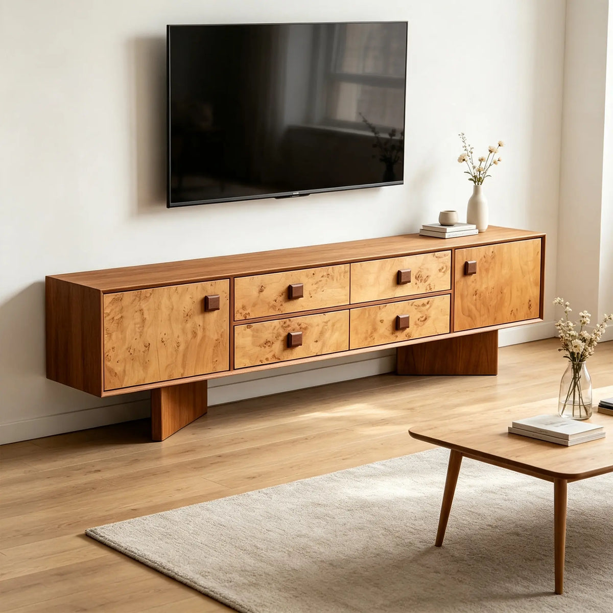 LUXORA Mid-Century TV Cabinet - 180/200cm Teak Veneer Entertainment Unit with Burl Wood Panels, Drawers & Concealed Storage - Teak & Burl Wood