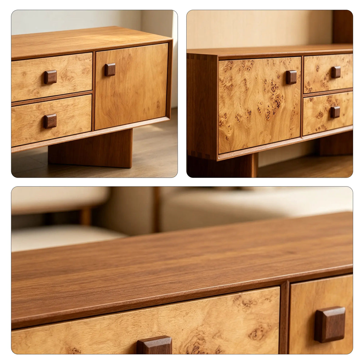 LUXORA Mid-Century TV Cabinet - 180/200cm Teak Veneer Entertainment Unit with Burl Wood Panels, Drawers & Concealed Storage - Teak & Burl Wood
