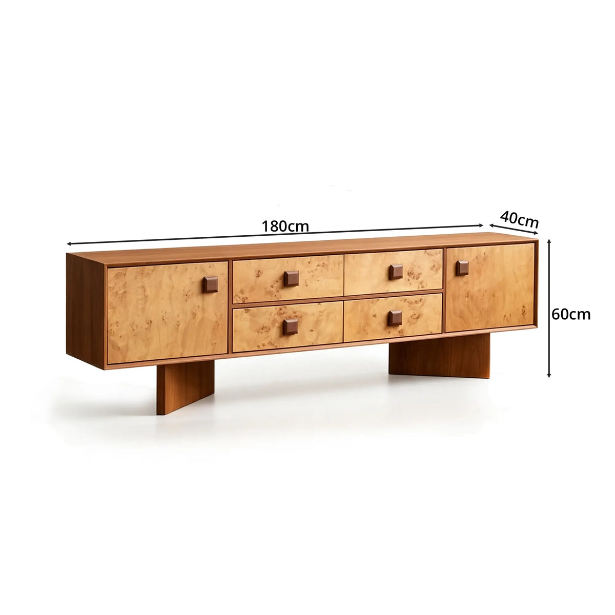 LUXORA Mid-Century TV Cabinet - 180/200cm Teak Veneer Entertainment Unit with Burl Wood Panels, Drawers & Concealed Storage - Teak & Burl Wood