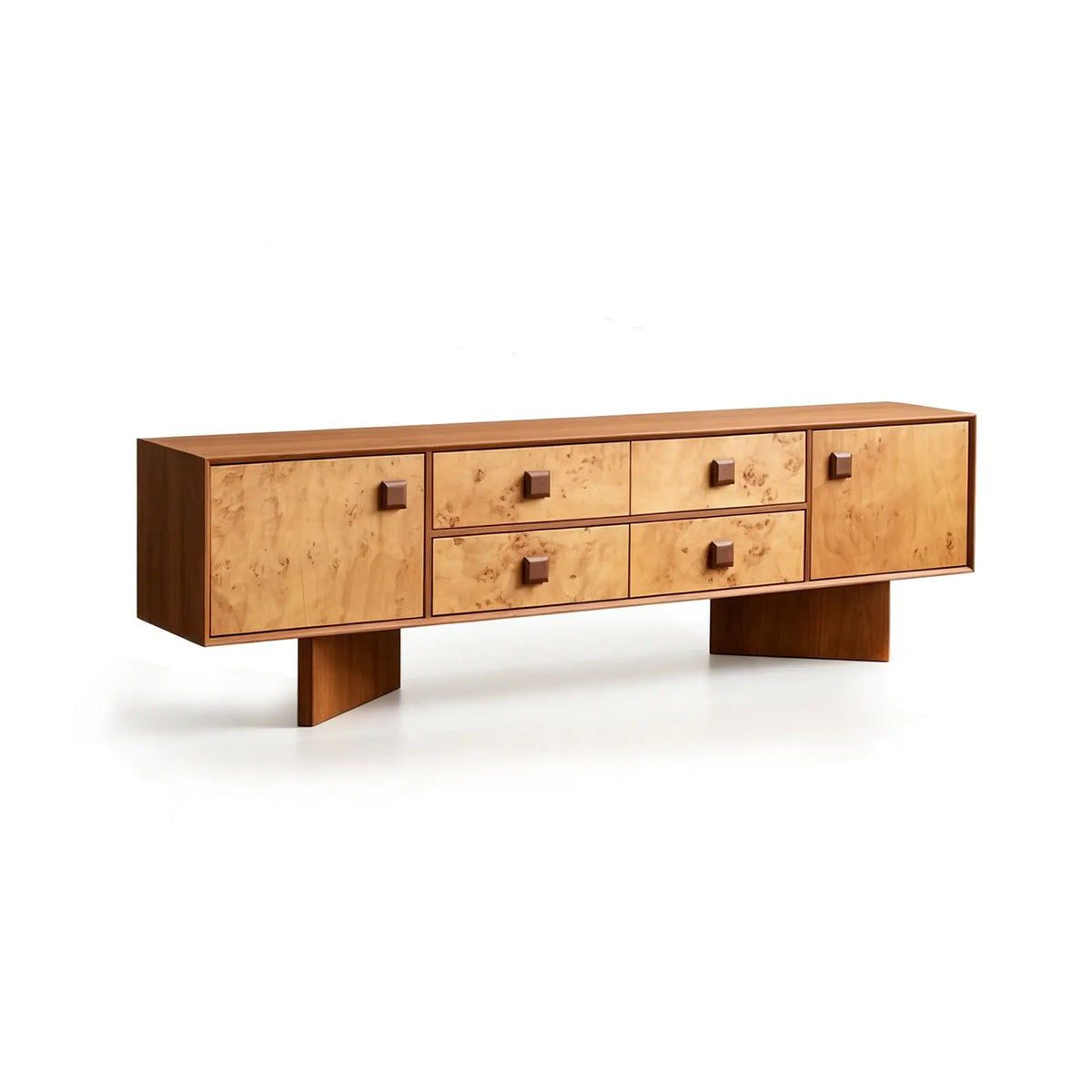 LUXORA Mid-Century TV Cabinet - 180/200cm Teak Veneer Entertainment Unit with Burl Wood Panels, Drawers & Concealed Storage - Teak & Burl Wood