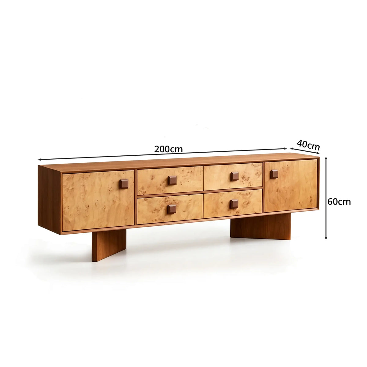 LUXORA Mid-Century TV Cabinet - 180/200cm Teak Veneer Entertainment Unit with Burl Wood Panels, Drawers & Concealed Storage - Teak & Burl Wood