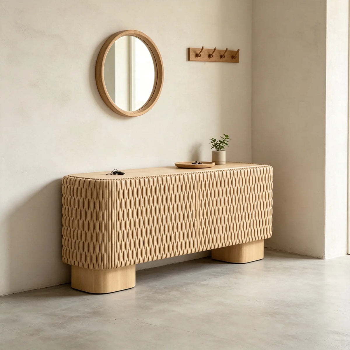 LUXORA Modern Wave-Textured Sideboard - 180/200cm Freestanding Storage Cabinet with 3D Woven Design & Cylindrical Legs - Natural Oak