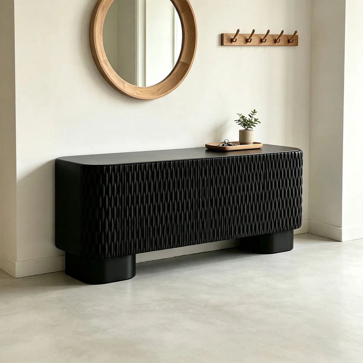 LUXORA Modern Wave-Textured Sideboard - 180/200cm Freestanding Storage Cabinet with 3D Woven Design & Cylindrical Legs - Black