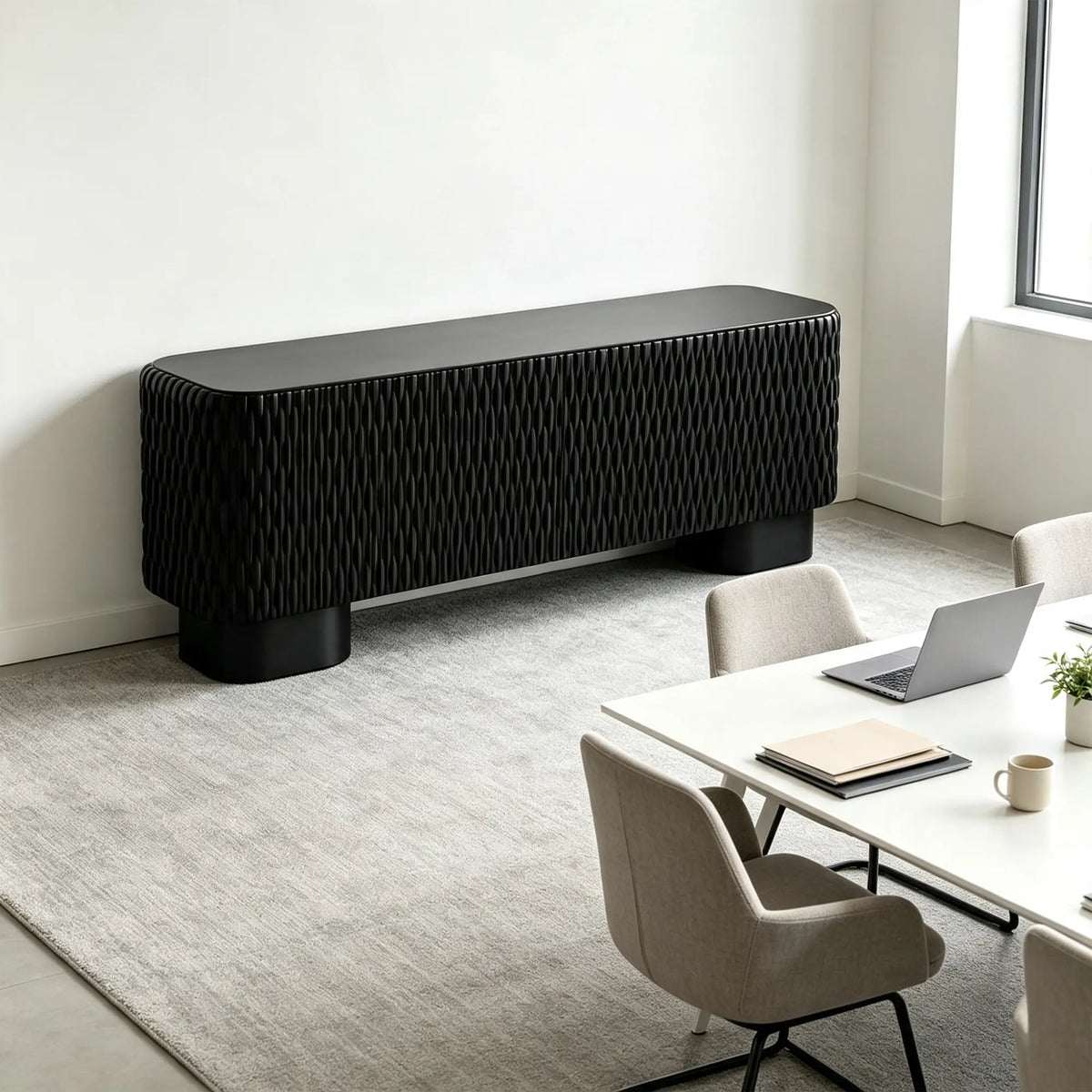 LUXORA Modern Wave-Textured Sideboard - 180/200cm Freestanding Storage Cabinet with 3D Woven Design & Cylindrical Legs - Black