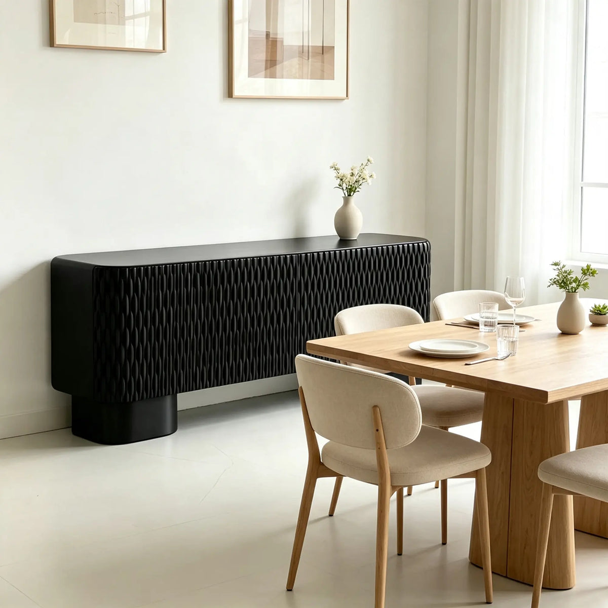 LUXORA Modern Wave-Textured Sideboard - 180/200cm Freestanding Storage Cabinet with 3D Woven Design & Cylindrical Legs - Black