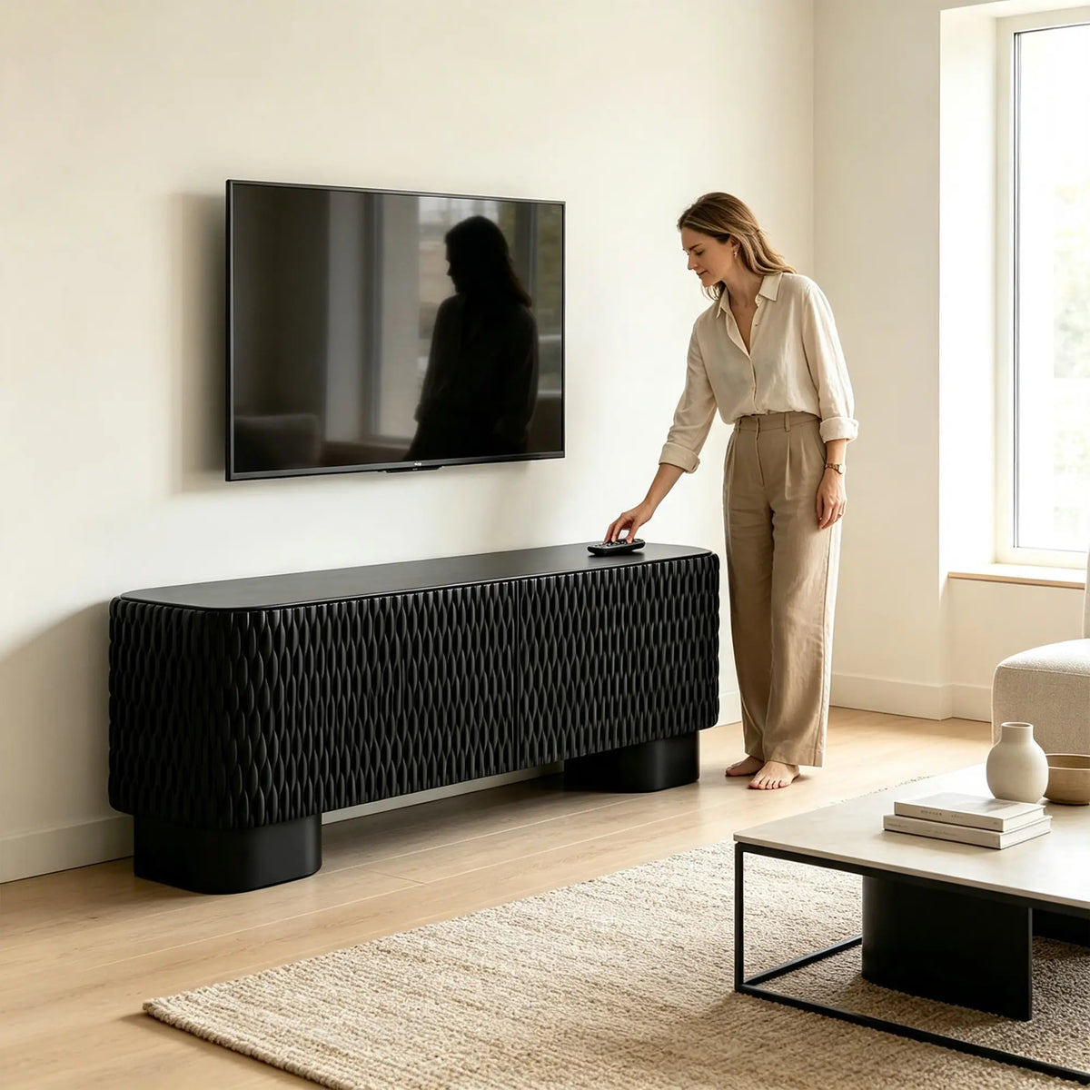 LUXORA Modern Wave-Textured Sideboard - 180/200cm Freestanding Storage Cabinet with 3D Woven Design & Cylindrical Legs - Black