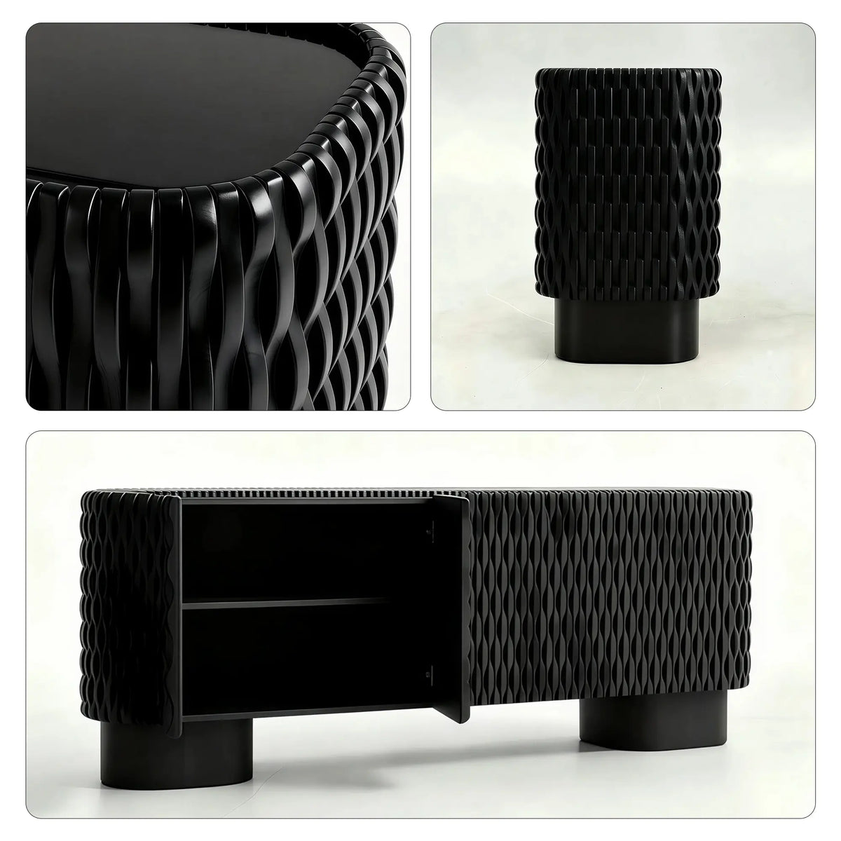 LUXORA Modern Wave-Textured Sideboard - 180/200cm Freestanding Storage Cabinet with 3D Woven Design & Cylindrical Legs - Black