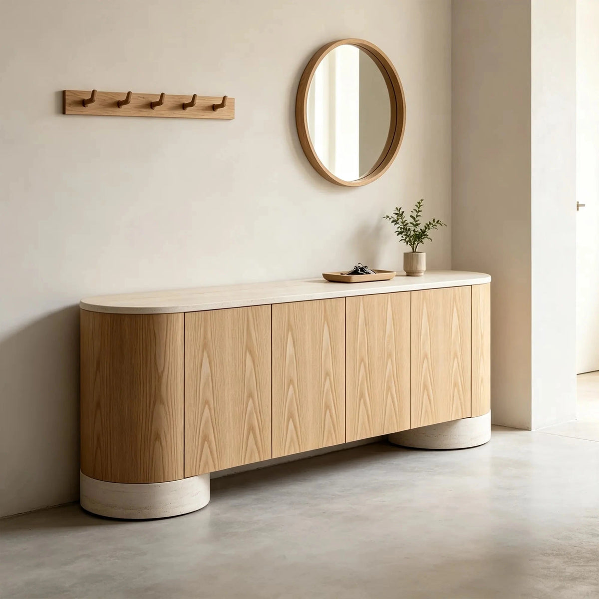 LUXORA Modern Curved Sideboard Cabinet - 180/200cm Wood-Look Storage Unit with Stone-Look Top, Rounded Ends & Concealed Storage - Natural Oak