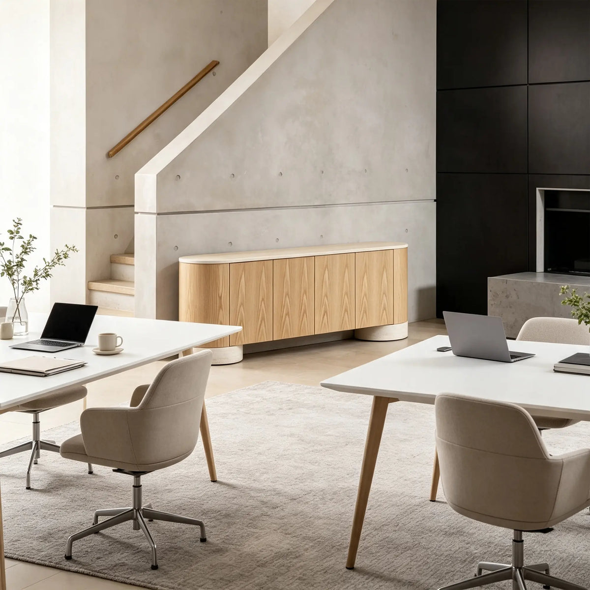 LUXORA Modern Curved Sideboard Cabinet - 180/200cm Wood-Look Storage Unit with Stone-Look Top, Rounded Ends & Concealed Storage - Natural Oak