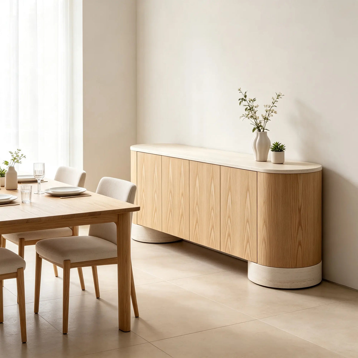 LUXORA Modern Curved Sideboard Cabinet - 180/200cm Wood-Look Storage Unit with Stone-Look Top, Rounded Ends & Concealed Storage - Natural Oak