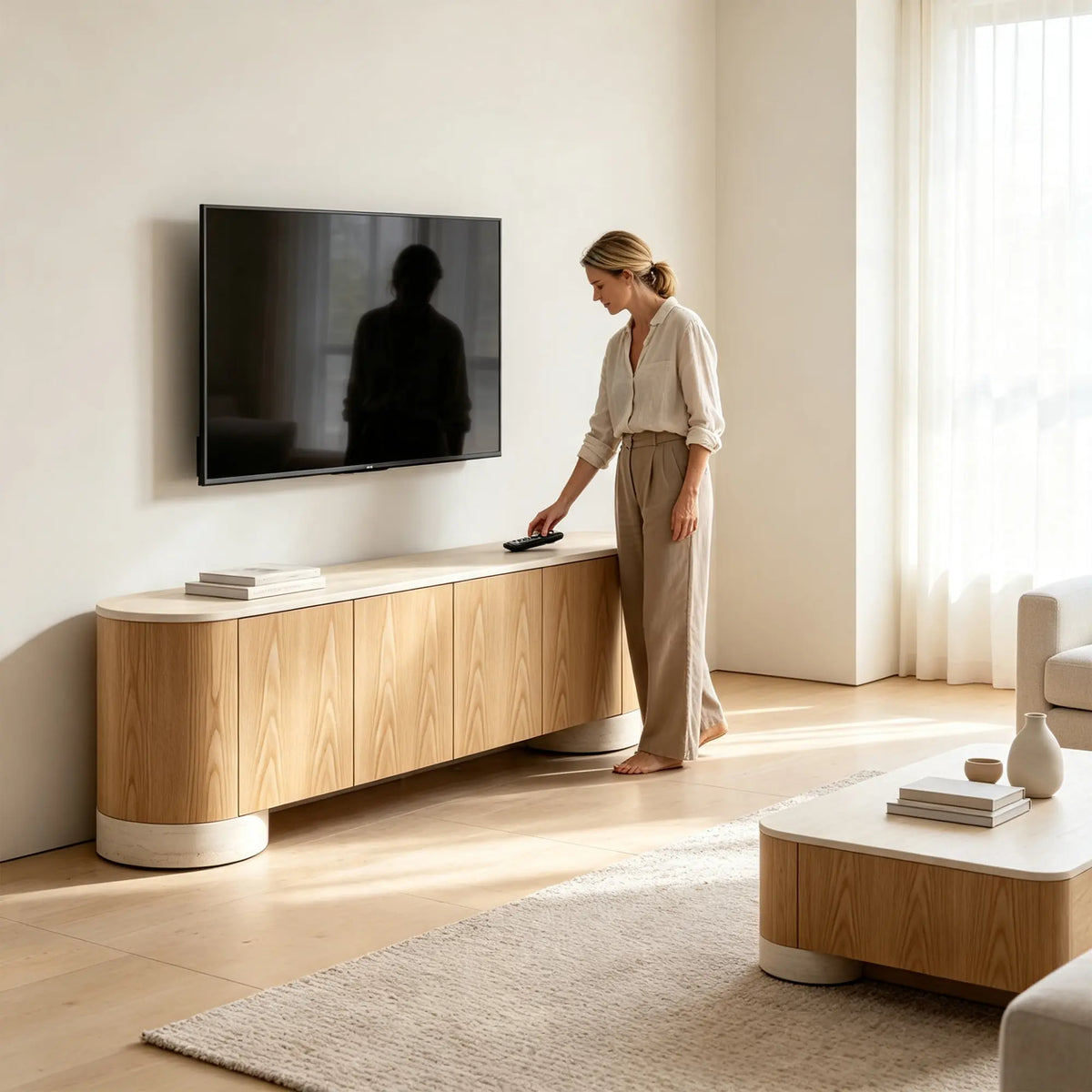 LUXORA Modern Curved Sideboard Cabinet - 180/200cm Wood-Look Storage Unit with Stone-Look Top, Rounded Ends & Concealed Storage - Natural Oak