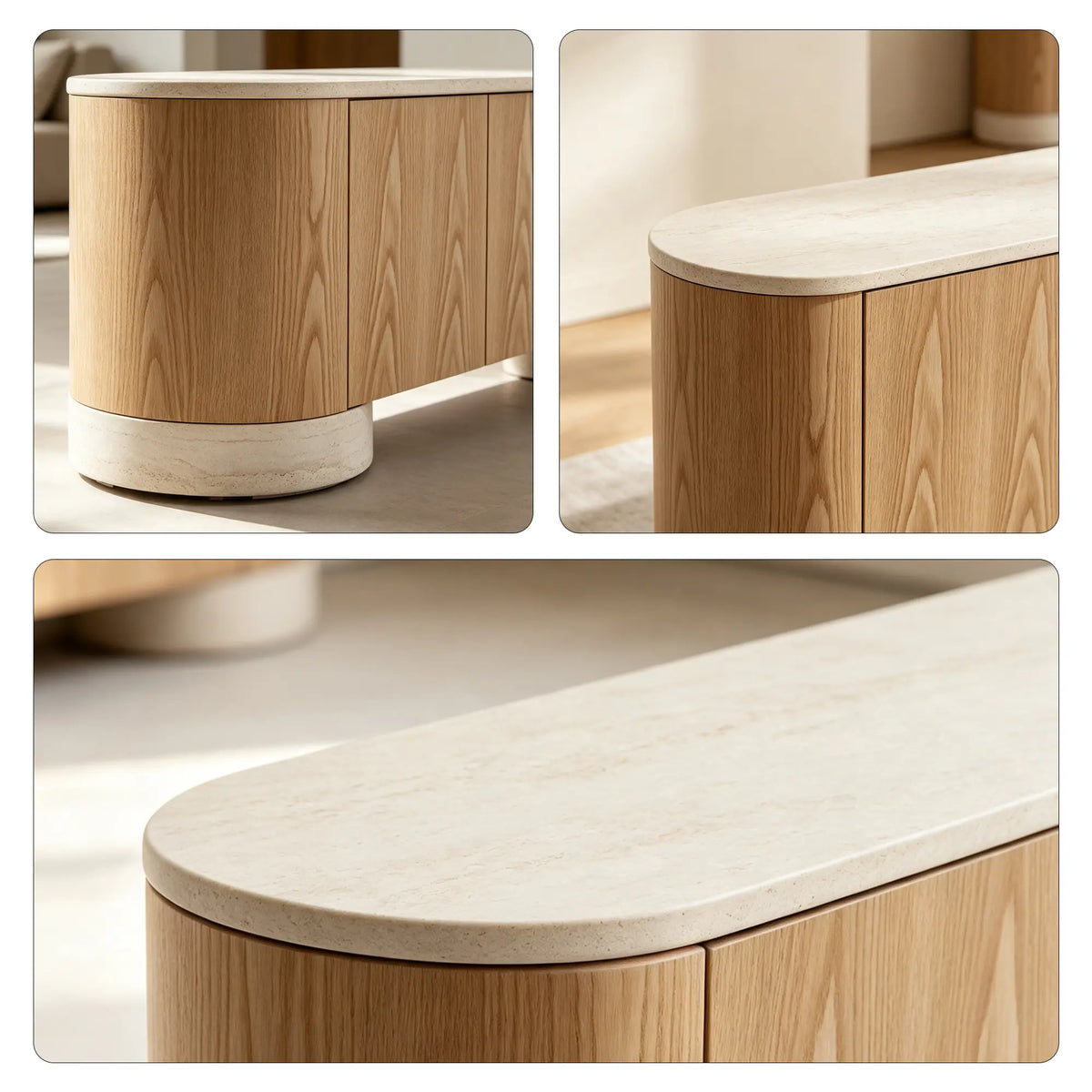 LUXORA Modern Curved Sideboard Cabinet - 180/200cm Wood-Look Storage Unit with Stone-Look Top, Rounded Ends & Concealed Storage - Natural Oak