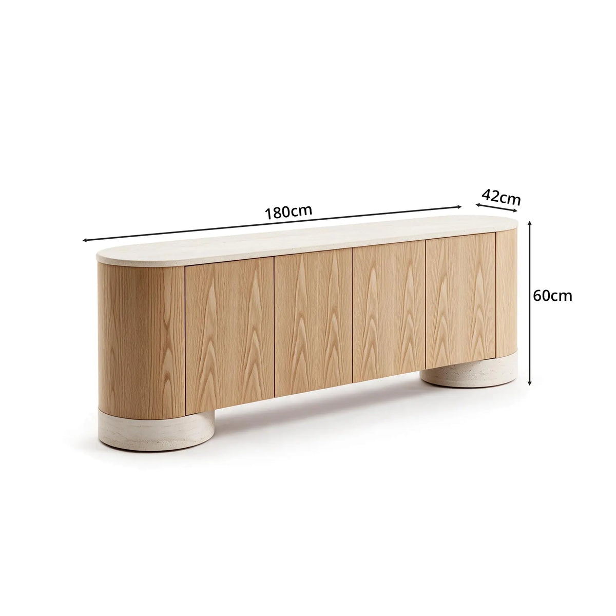 LUXORA Modern Curved Sideboard Cabinet - 180/200cm Wood-Look Storage Unit with Stone-Look Top, Rounded Ends & Concealed Storage - Natural Oak