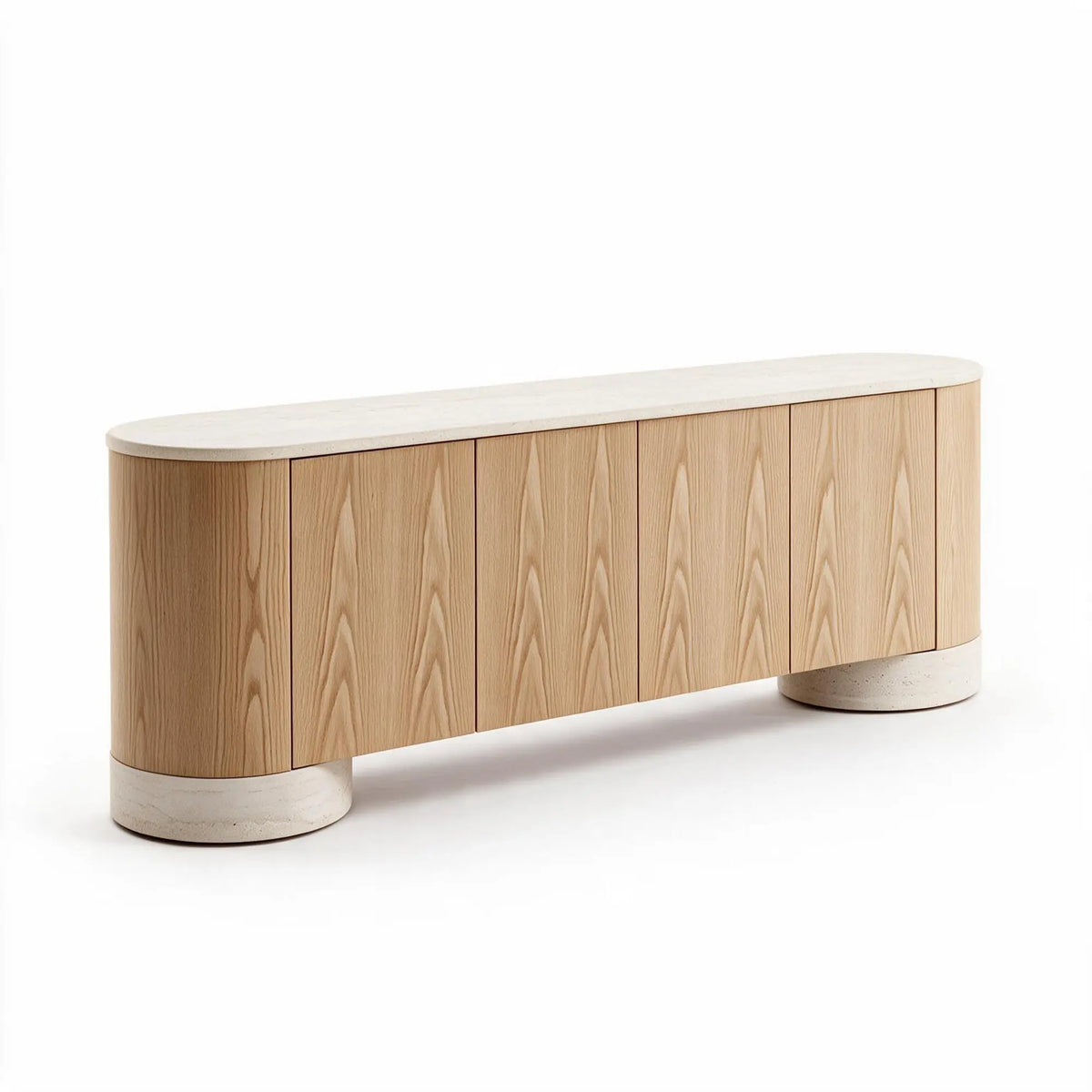 LUXORA Modern Curved Sideboard Cabinet - 180/200cm Wood-Look Storage Unit with Stone-Look Top, Rounded Ends & Concealed Storage - Natural Oak