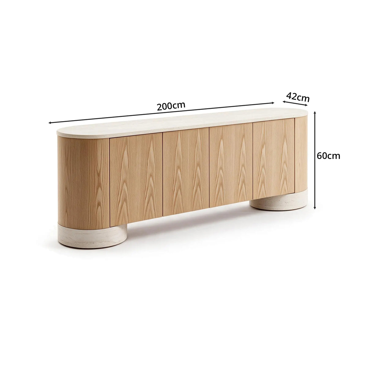 LUXORA Modern Curved Sideboard Cabinet - 180/200cm Wood-Look Storage Unit with Stone-Look Top, Rounded Ends & Concealed Storage - Natural Oak