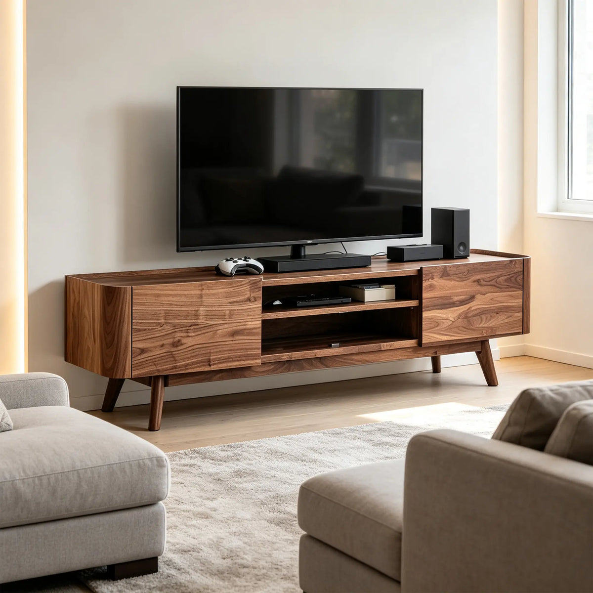 LUXORA Modern Black Walnut TV Cabinet - 180/200cm Wood Entertainment Unit with Open Shelves, Concealed Storage & Solid Wood Legs - Walnut