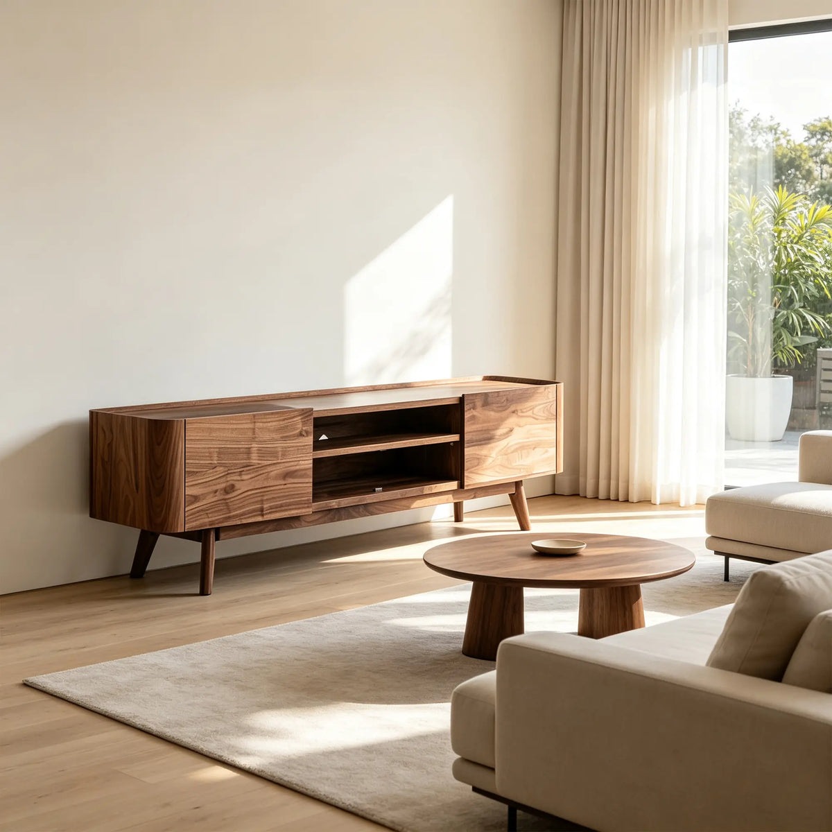 LUXORA Modern Black Walnut TV Cabinet - 180/200cm Wood Entertainment Unit with Open Shelves, Concealed Storage & Solid Wood Legs - Walnut