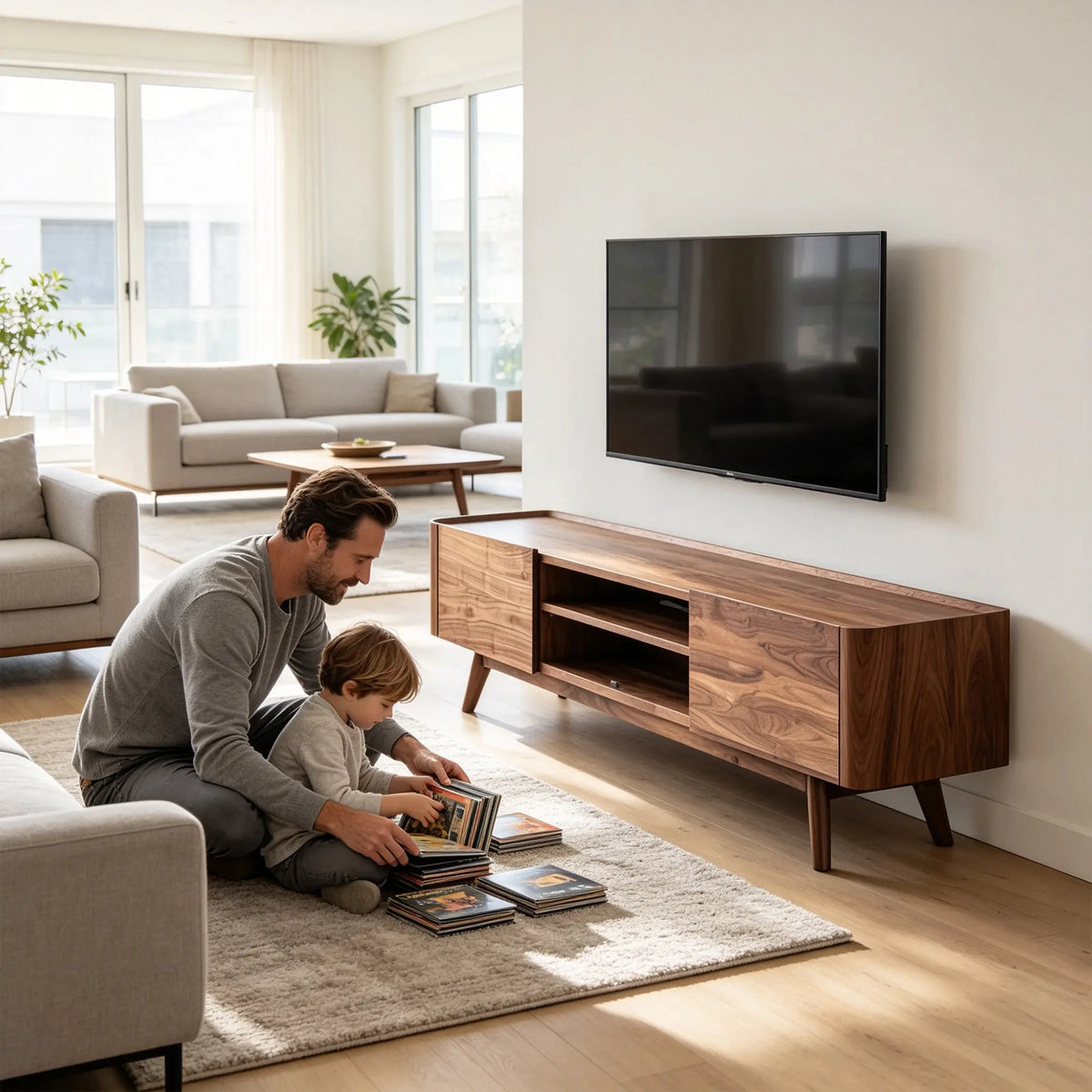 LUXORA Modern Black Walnut TV Cabinet - 180/200cm Wood Entertainment Unit with Open Shelves, Concealed Storage & Solid Wood Legs - Walnut