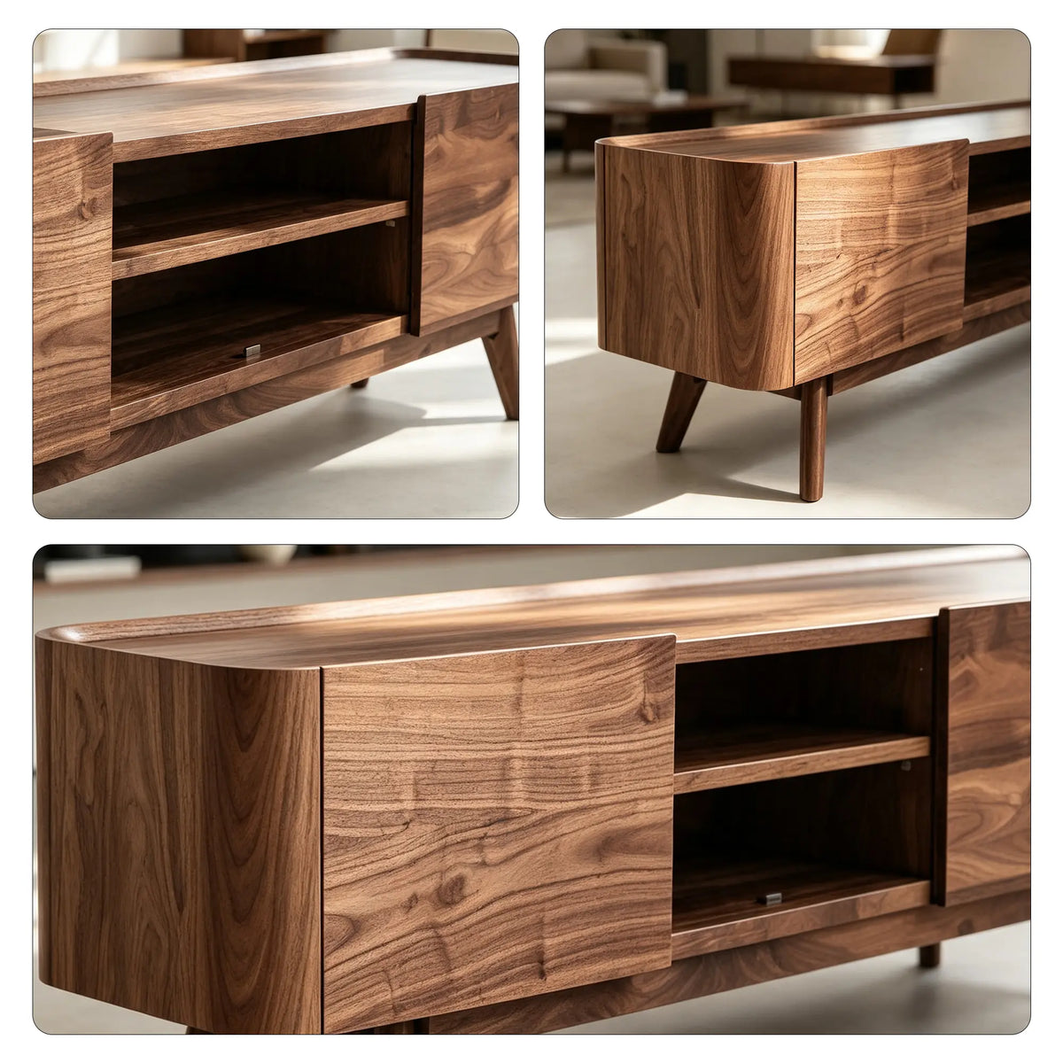 LUXORA Modern Black Walnut TV Cabinet - 180/200cm Wood Entertainment Unit with Open Shelves, Concealed Storage & Solid Wood Legs - Walnut