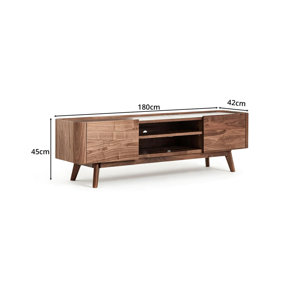 LUXORA Modern Black Walnut TV Cabinet - 180/200cm Wood Entertainment Unit with Open Shelves, Concealed Storage & Solid Wood Legs - Walnut
