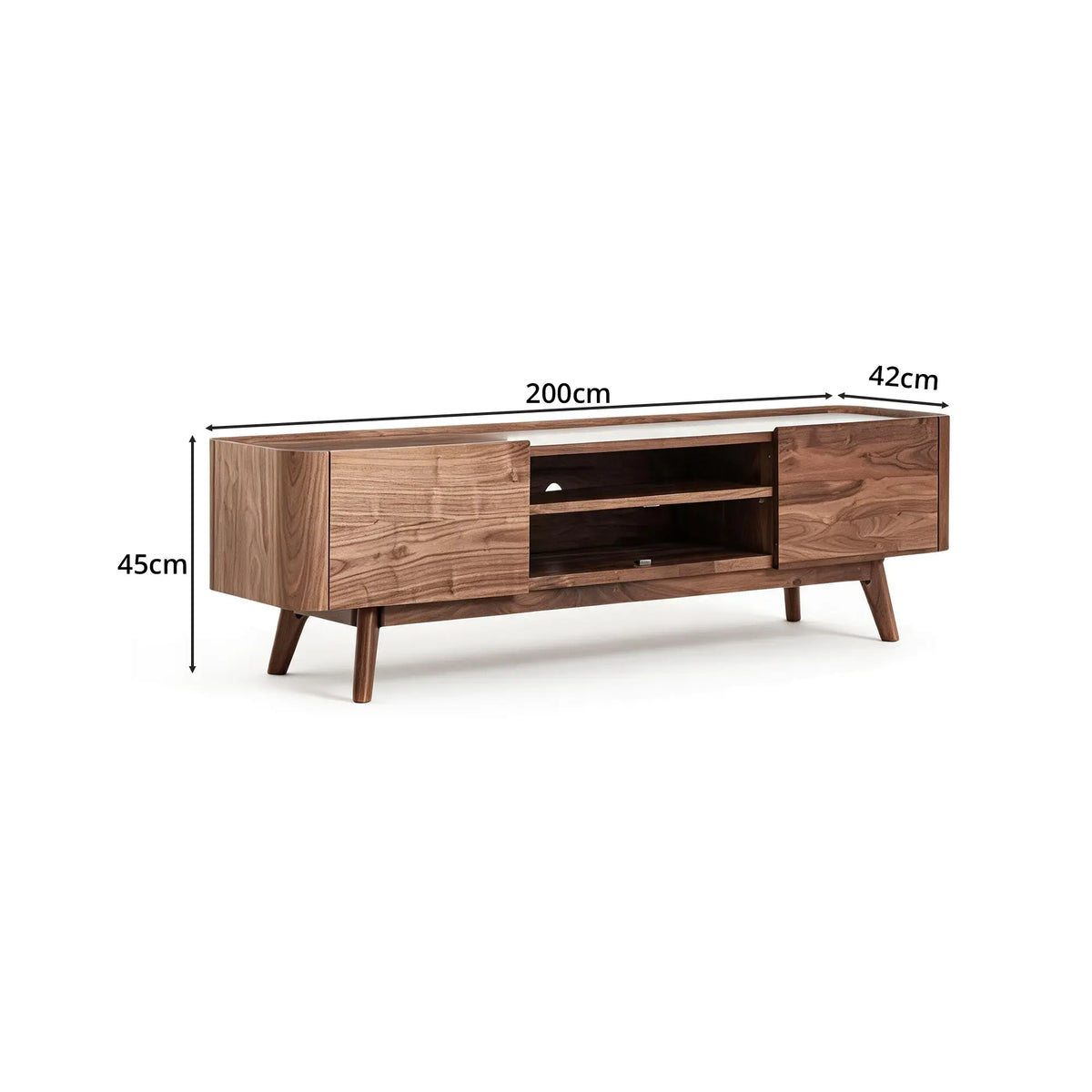 LUXORA Modern Black Walnut TV Cabinet - 180/200cm Wood Entertainment Unit with Open Shelves, Concealed Storage & Solid Wood Legs - Walnut