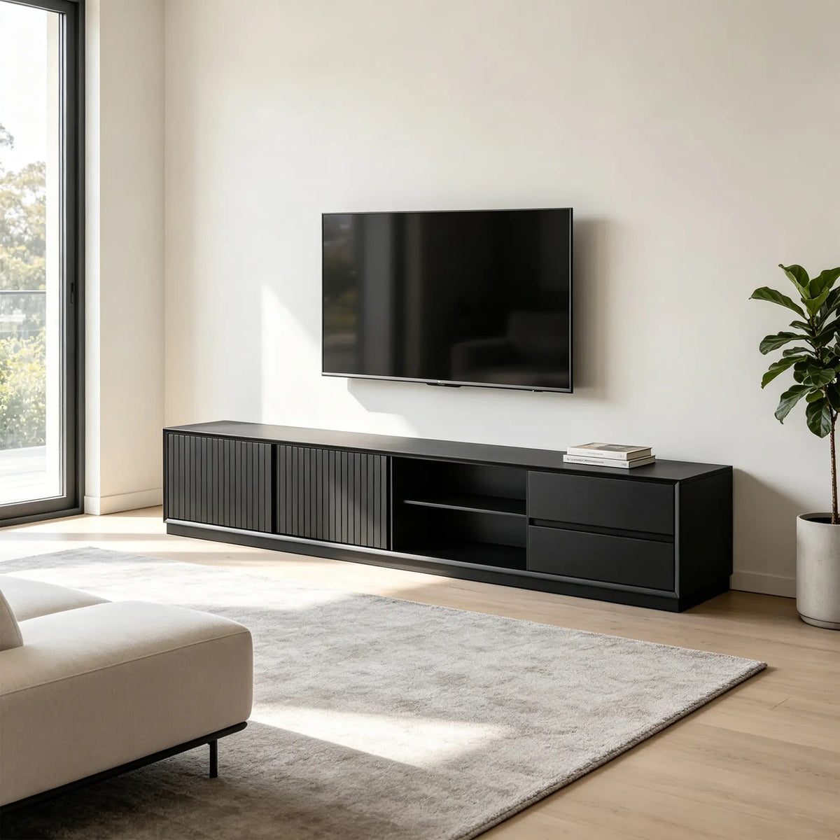 LUXORA Modern Solid Pine TV Cabinet - 180/200cm Entertainment Unit with Sliding Fluted Doors, Adjustable Shelves & Dual Drawers - Black