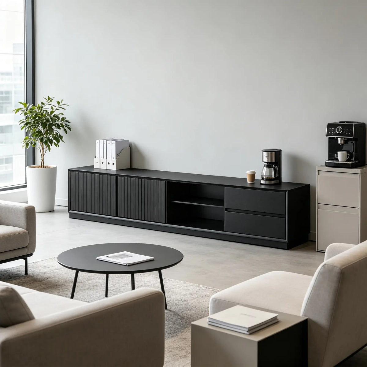 LUXORA Modern Solid Pine TV Cabinet - 180/200cm Entertainment Unit with Sliding Fluted Doors, Adjustable Shelves & Dual Drawers - Black