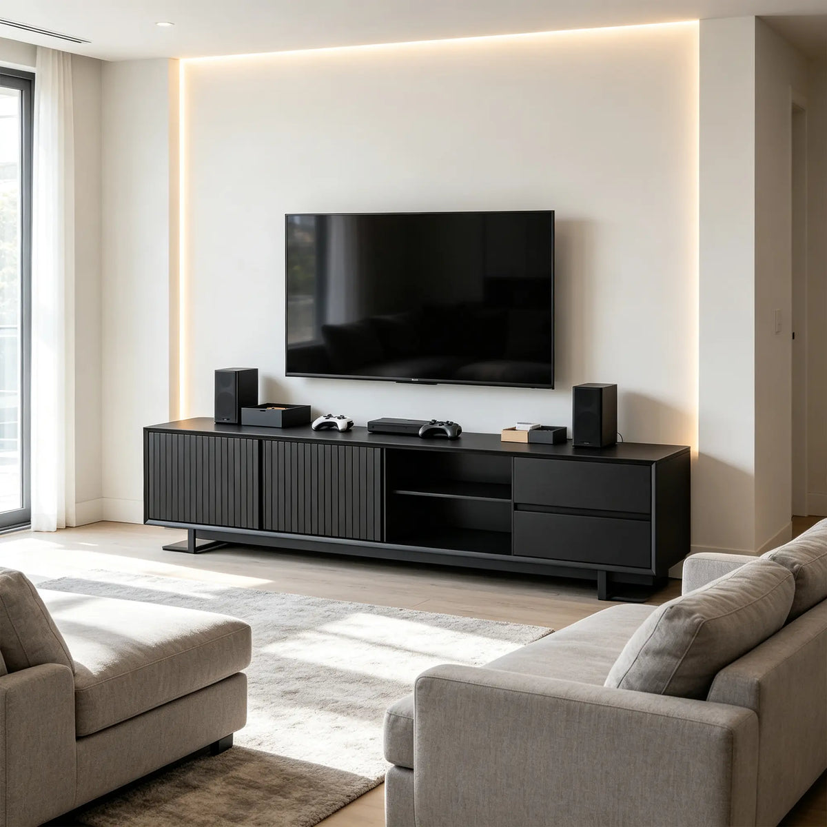 LUXORA Modern Solid Pine TV Cabinet - 180/200cm Entertainment Unit with Sliding Fluted Doors, Adjustable Shelves & Dual Drawers - Black