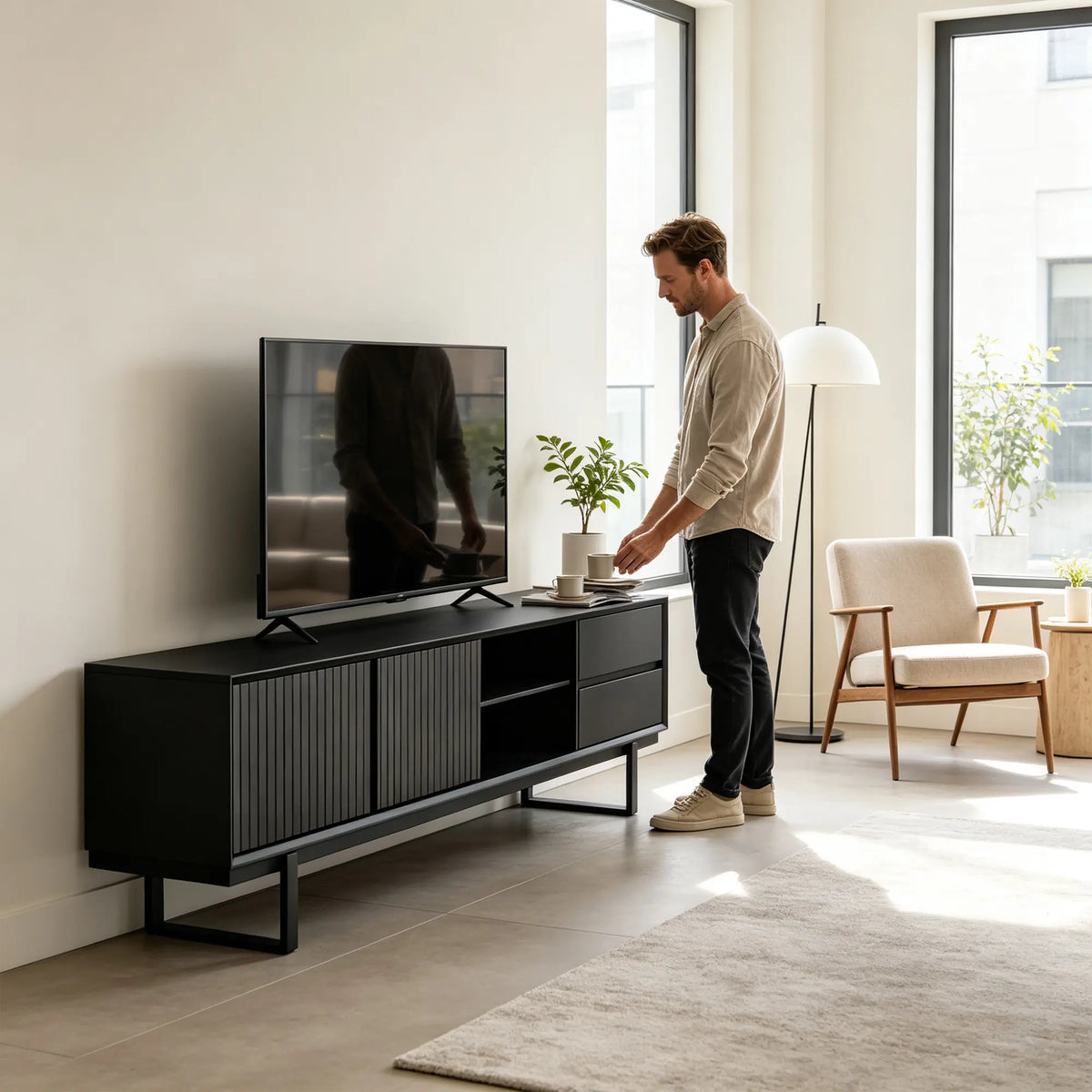 LUXORA Modern Solid Pine TV Cabinet - 180/200cm Entertainment Unit with Sliding Fluted Doors, Adjustable Shelves & Dual Drawers - Black