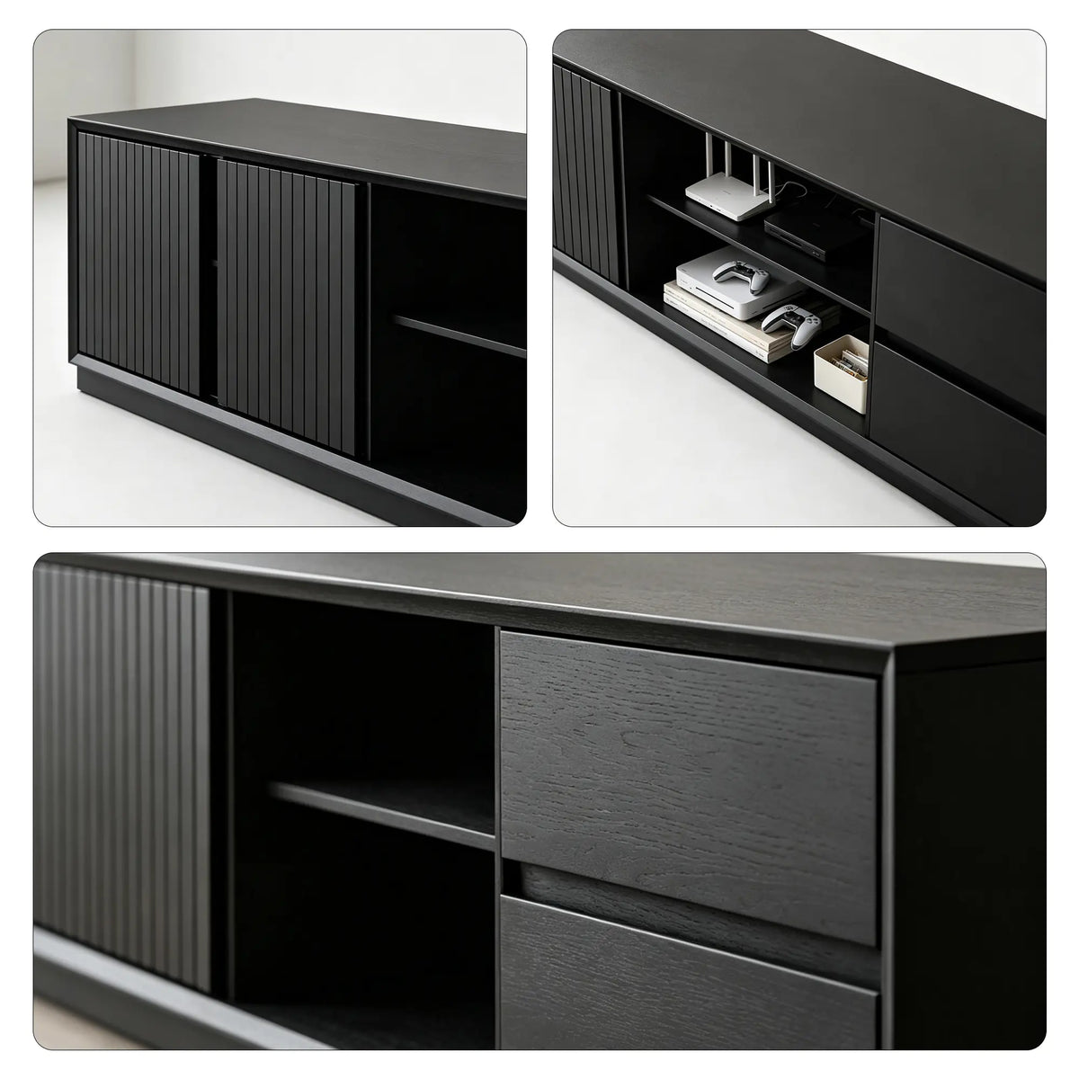 LUXORA Modern Solid Pine TV Cabinet - 180/200cm Entertainment Unit with Sliding Fluted Doors, Adjustable Shelves & Dual Drawers - Black