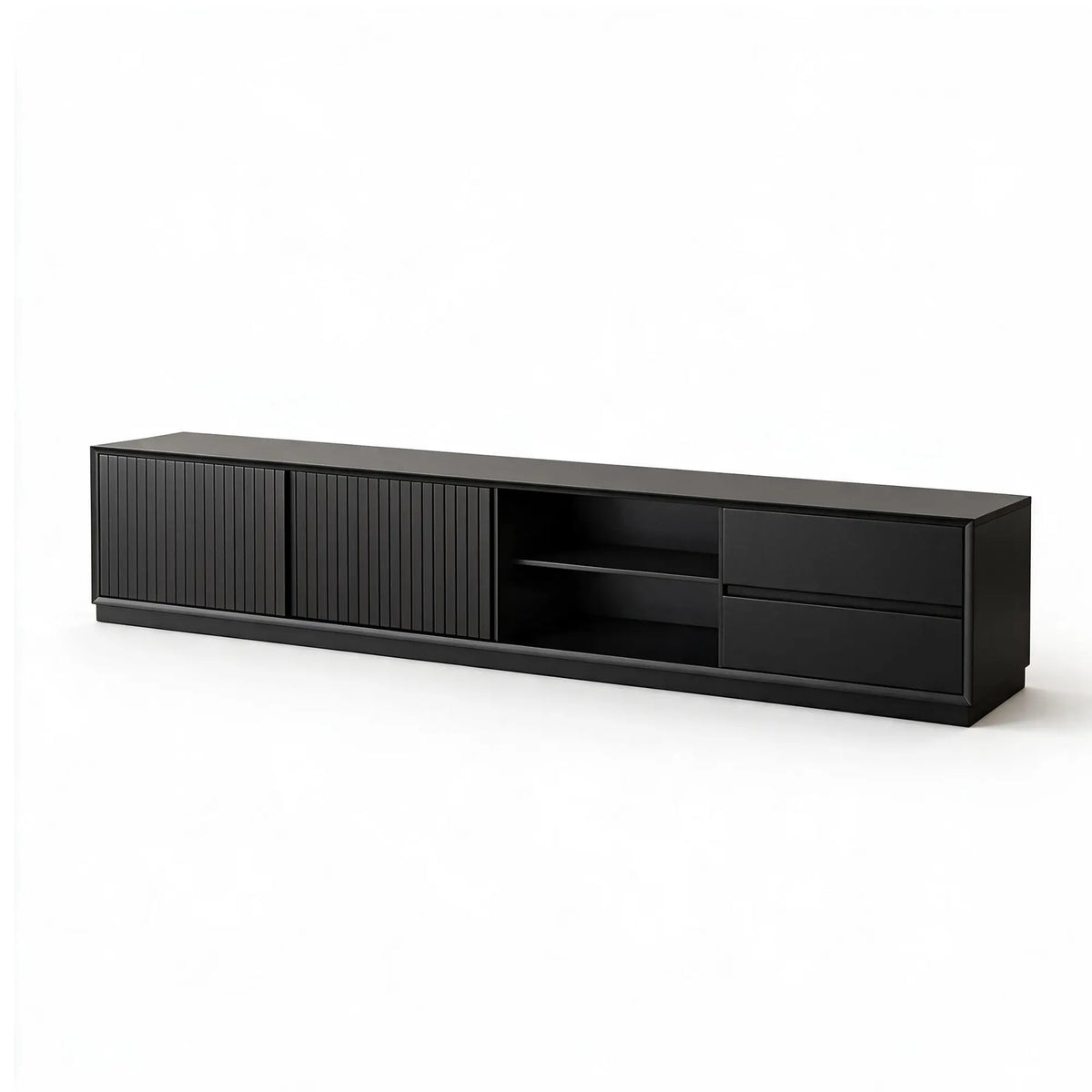LUXORA Modern Solid Pine TV Cabinet - 180/200cm Entertainment Unit with Sliding Fluted Doors, Adjustable Shelves & Dual Drawers - Black