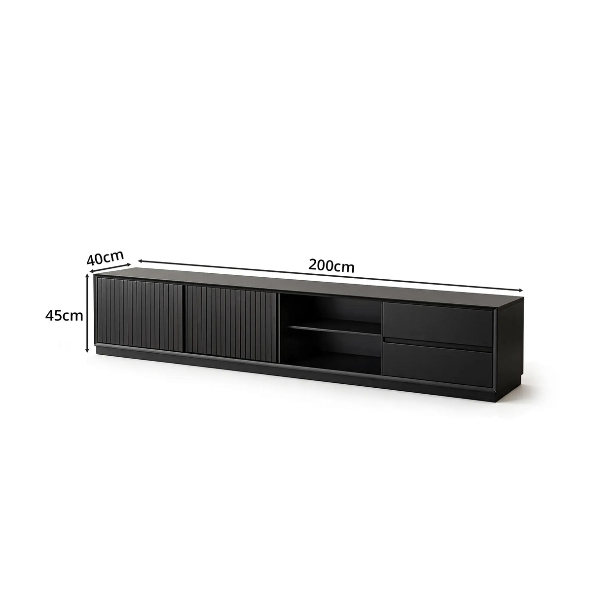 LUXORA Modern Solid Pine TV Cabinet - 180/200cm Entertainment Unit with Sliding Fluted Doors, Adjustable Shelves & Dual Drawers - Black