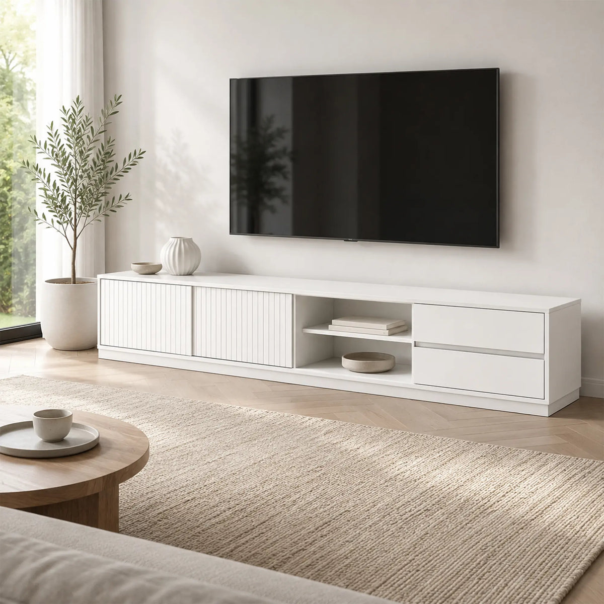 LUXORA Modern Solid Pine TV Cabinet - 180/200cm Entertainment Unit with Sliding Fluted Doors, Adjustable Shelves & Dual Drawers - White