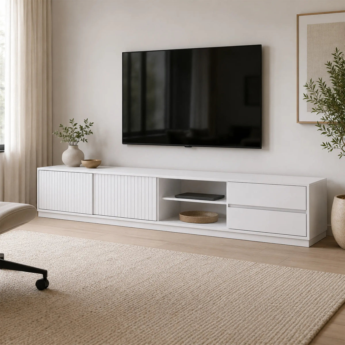 LUXORA Modern Solid Pine TV Cabinet - 180/200cm Entertainment Unit with Sliding Fluted Doors, Adjustable Shelves & Dual Drawers - White