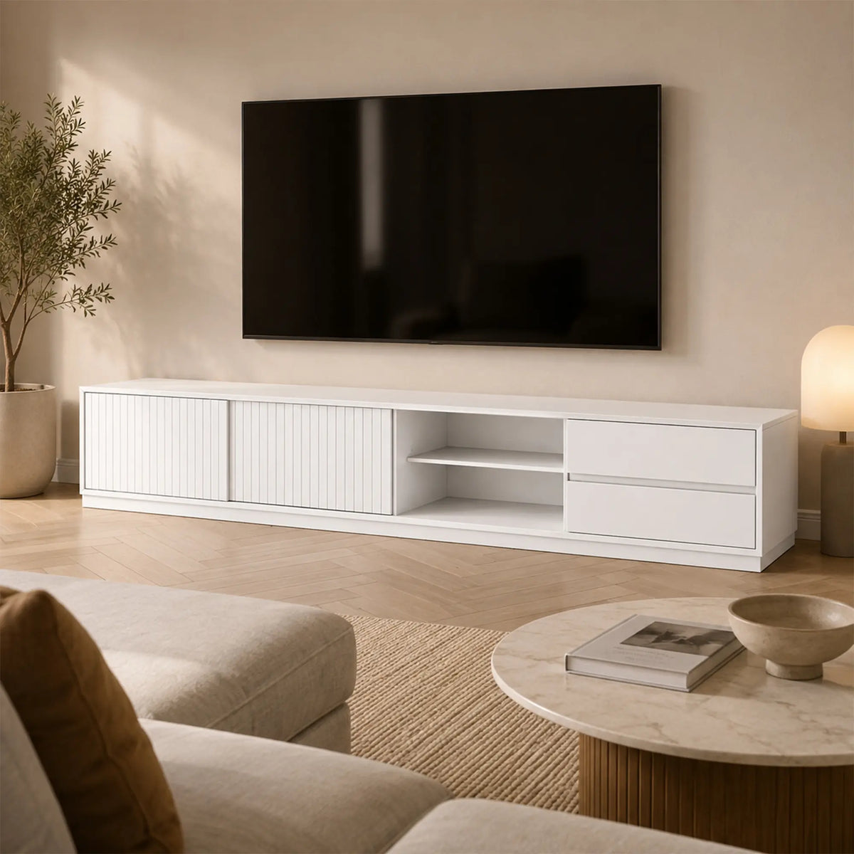 LUXORA Modern Solid Pine TV Cabinet - 180/200cm Entertainment Unit with Sliding Fluted Doors, Adjustable Shelves & Dual Drawers - White