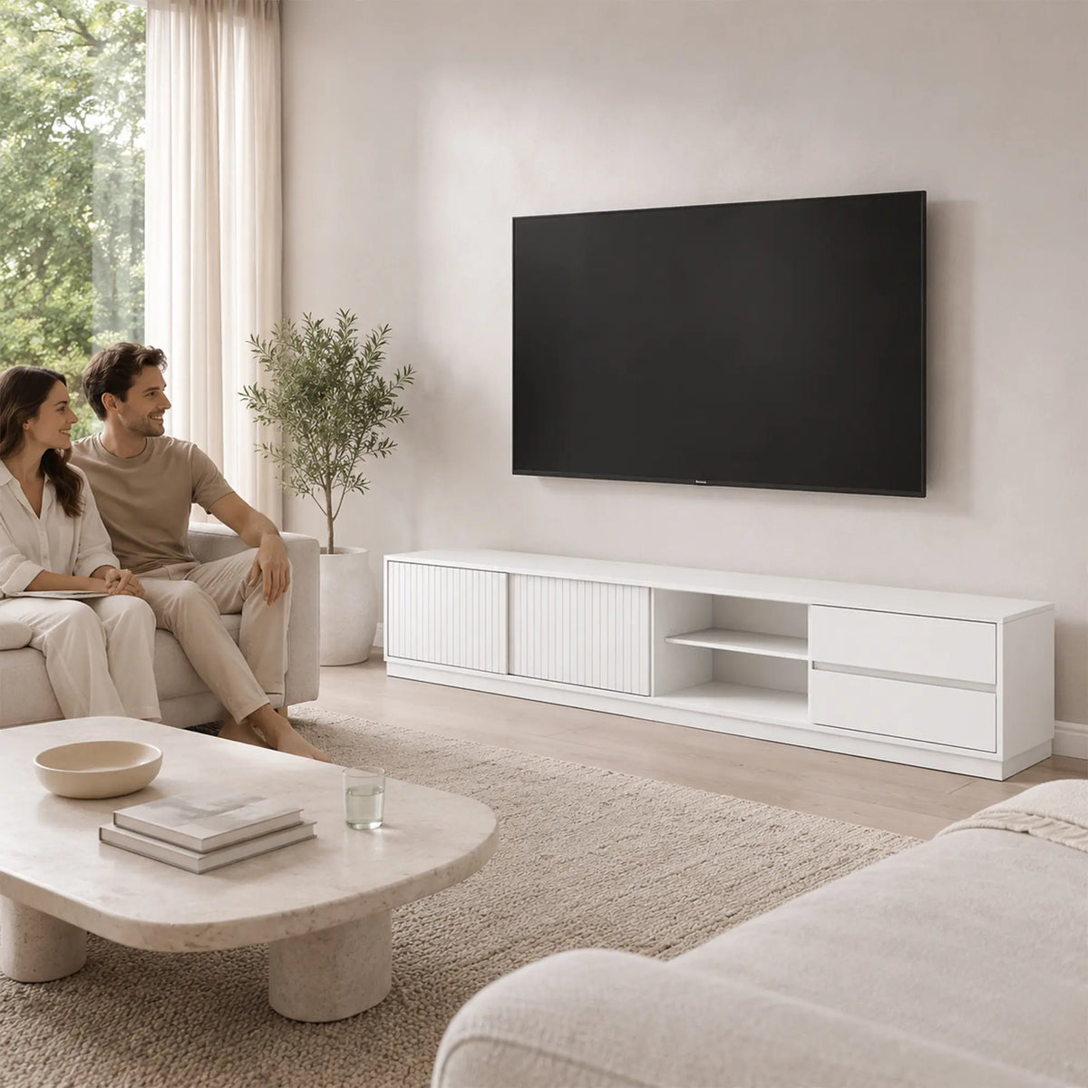 LUXORA Modern Solid Pine TV Cabinet - 180/200cm Entertainment Unit with Sliding Fluted Doors, Adjustable Shelves & Dual Drawers - White
